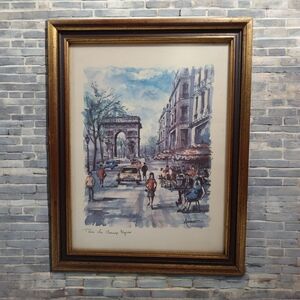 Vtg Peter Arno French Watercolor Print Framed 60s Mid Century  Champs Elysees
